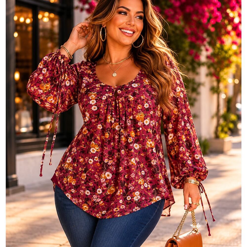 Stem & Vine Floral Peasant Blouse 2X Boho Burgundy Balloon Sleeve Top